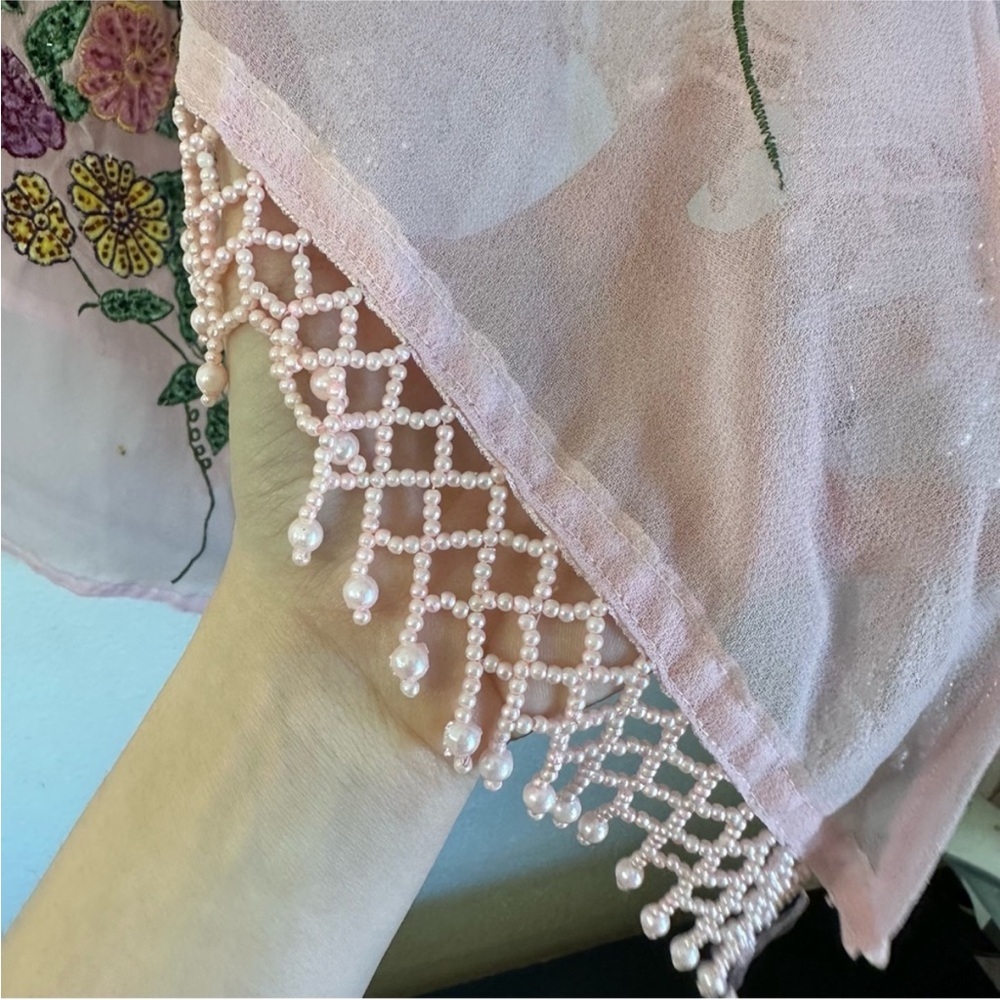 Roamans Pink Sheer Floral Beaded Long Sleeve Top - Picture 15 of 16